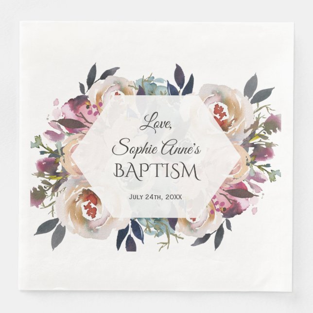 Dusty Blue Pink Floral Bouquet Geometric Baptism Napkin (Front)
