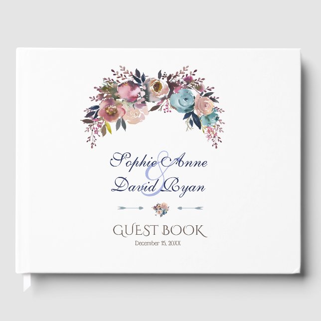 Dusty Blue Pink Floral Bouquet Wedding Guest Book (Front)