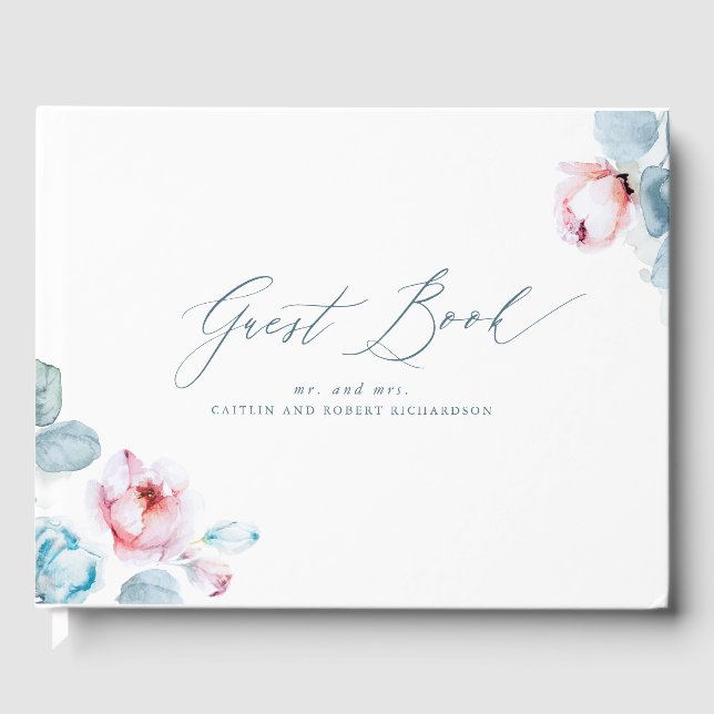 Dusty Blue Pink Floral Elegant Wedding Guest Book (Front)