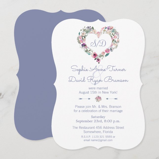 Dusty Blue Pink Floral Evening Wedding Reception Invitation (Front/Back)