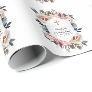 Dusty Blue Pink Floral Geometric Baptism Monogram Wrapping Paper