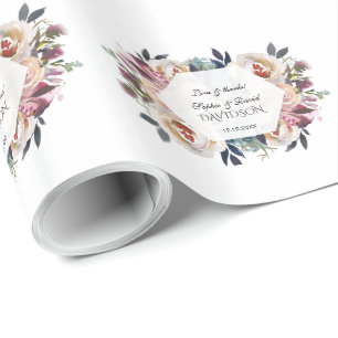 Dusty Blue Pink Floral Geometric Wedding Monogram Wrapping Paper