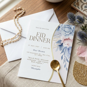 Dusty Blue Pink Floral Gold Curve Eid Dinner Party Invitation