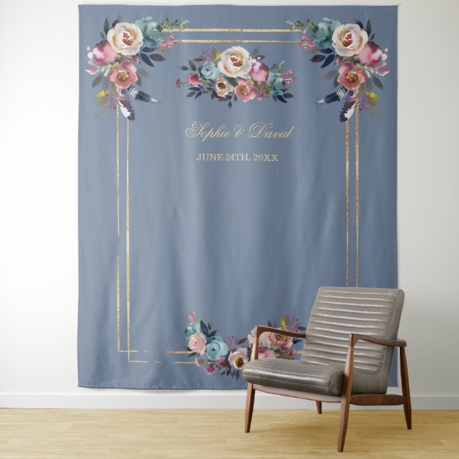Dusty Blue Pink Floral Gold Frame Photo Booth Prop Tapestry (In Situ)