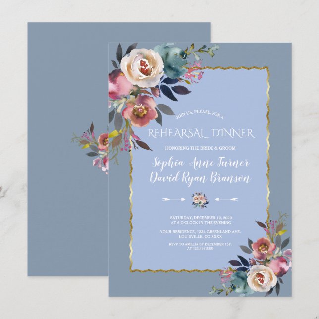 Dusty Blue Pink Floral Gold Frame Rehearsal Dinner Invitation (Front/Back)