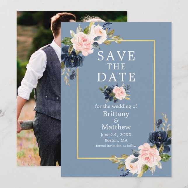 Dusty Blue Pink Floral Gold Photo Save the Date (Front/Back)