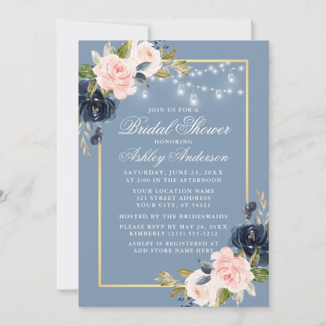 Dusty Blue Pink Floral Jar Lights Bridal Shower Invitation (Front)