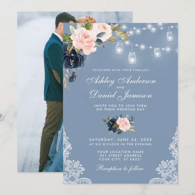 Dusty Blue Pink Floral Lace Lights Photo Wedding Invitation (Front/Back)