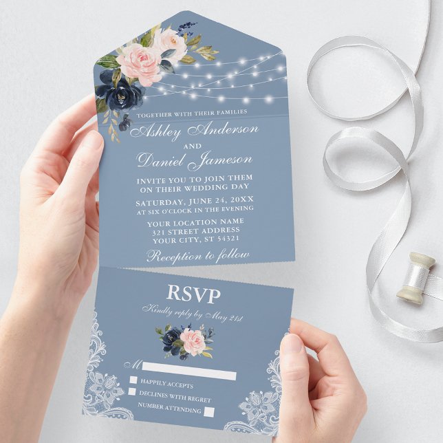 Dusty Blue Pink Floral Lace Lights Wedding All In One Invitation (All In One Wedding Invitation with tear off RSVP Card)