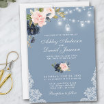 Dusty Blue Pink Floral Lace Lights Wedding Invitation<br><div class="desc">Elegant Watercolor Dusty Blue Pink Blush Floral,  String Lights and Lace Wedding Invitation Card</div>