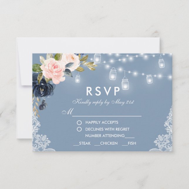Dusty Blue Pink Floral Lace Lights Wedding Meal RSVP Card (Front)