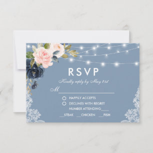 Dusty Blue Pink Floral Lace Lights Wedding Meal RSVP Card