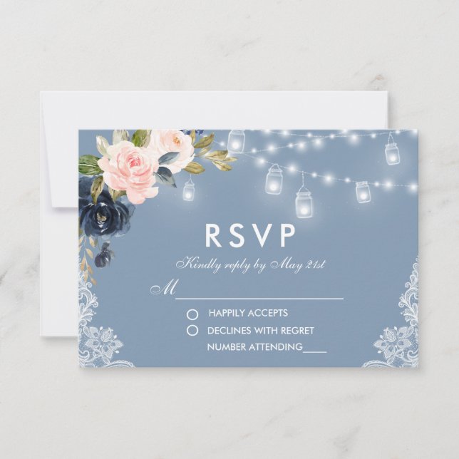 Dusty Blue Pink Floral Lace Lights Wedding RSVP Card (Front)