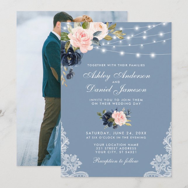 Dusty Blue Pink Floral Lights Lace Photo Wedding Invitation (Front/Back)