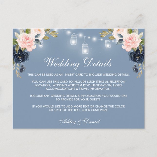 Dusty Blue Pink Floral Lights Wedding Details Card (Front)