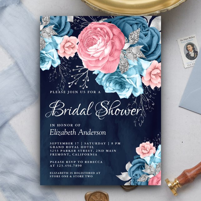 Dusty Blue Pink Floral Rose Navy Bridal Shower Invitation (Creator Uploaded)