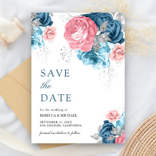 Dusty Blue Pink Floral Rose Wedding Save The Date