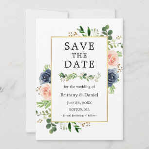 Dusty Blue Pink Floral Save The Date Card