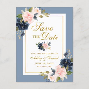 Dusty Blue Pink Floral Save the Date Gold Announcement Postcard