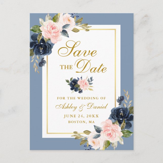 Dusty Blue Pink Floral Save the Date Gold Announcement Postcard (Front)