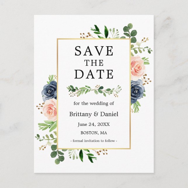 Dusty Blue Pink Floral Save The Date Postcard (Front)