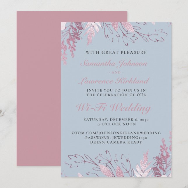 Dusty Blue Pink Floral Virtual Wedding  Invitation (Front/Back)