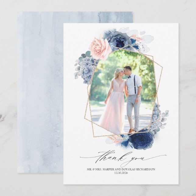 Dusty Blue Pink Floral Wedding Thank You Photo (Front/Back)