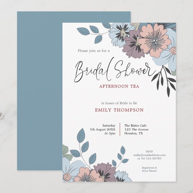 Dusty Blue Pink Florals Script Bridal Shower Tea Invitation (Front/Back)