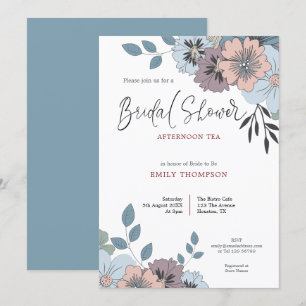 Dusty Blue Pink Florals Script Bridal Shower Tea Invitation