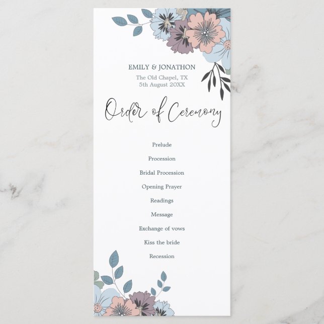 Dusty Blue Pink Florals Stylish Script Wedding Programme (Front)