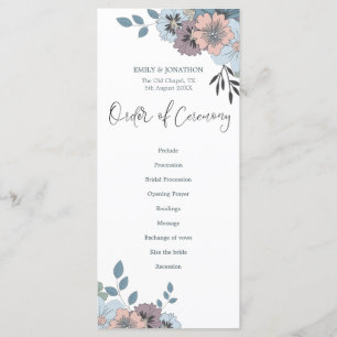 Dusty Blue Pink Florals Stylish Script Wedding Programme