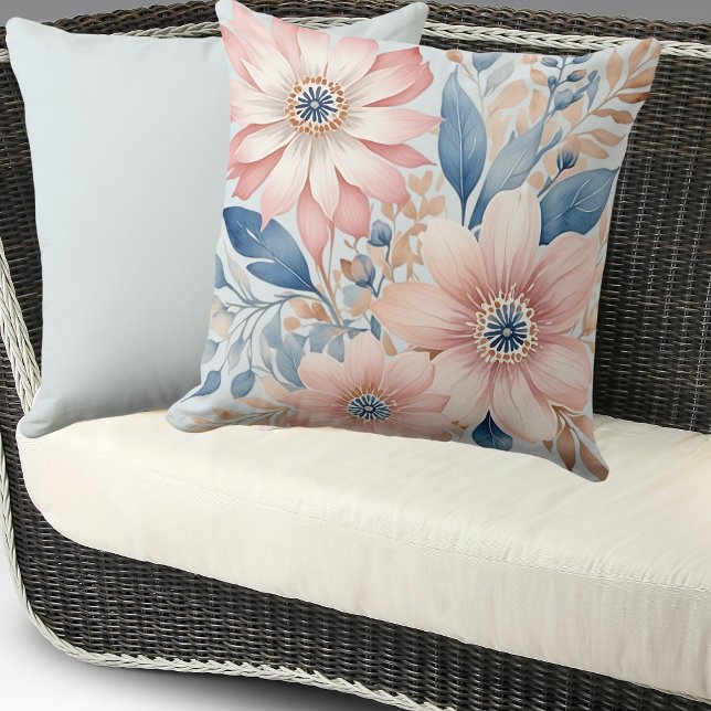 Dusty Blue Pink Flowers Beige Boho Floral Cushion (Creator Uploaded)