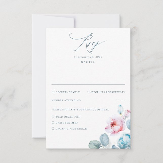 Dusty Blue Pink Flowers Elegant Dreamy Wedding RSVP Card (Front)
