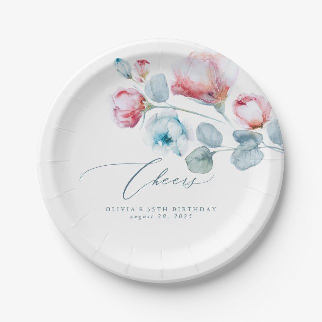 Dusty Blue Pink Flowers Elegant Romantic Paper Plate (Front)