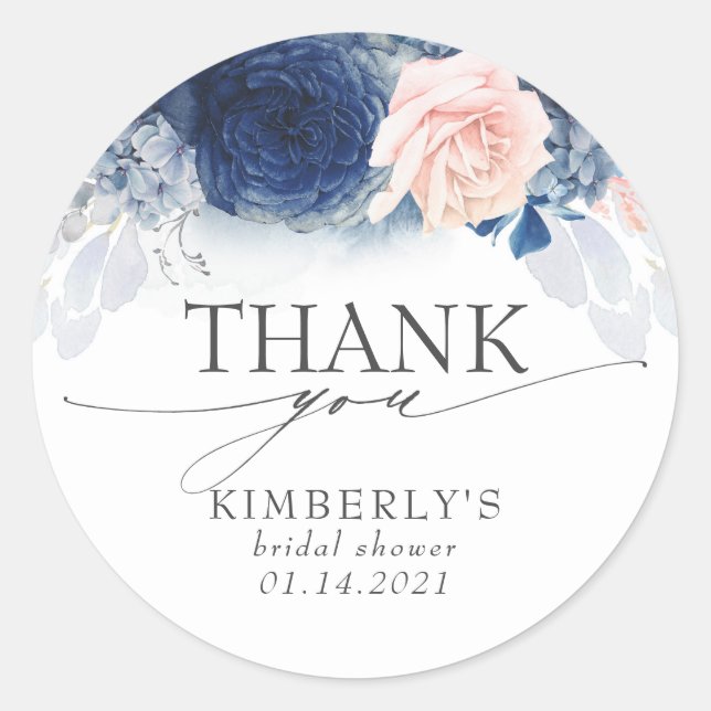 Dusty Blue Pink Flowers Elegant Thank You Classic Round Sticker (Front)