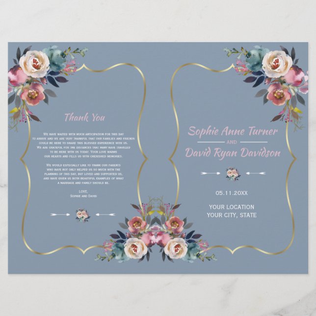 Dusty Blue Pink Flowers Gold Frame Wedding Program (Front)