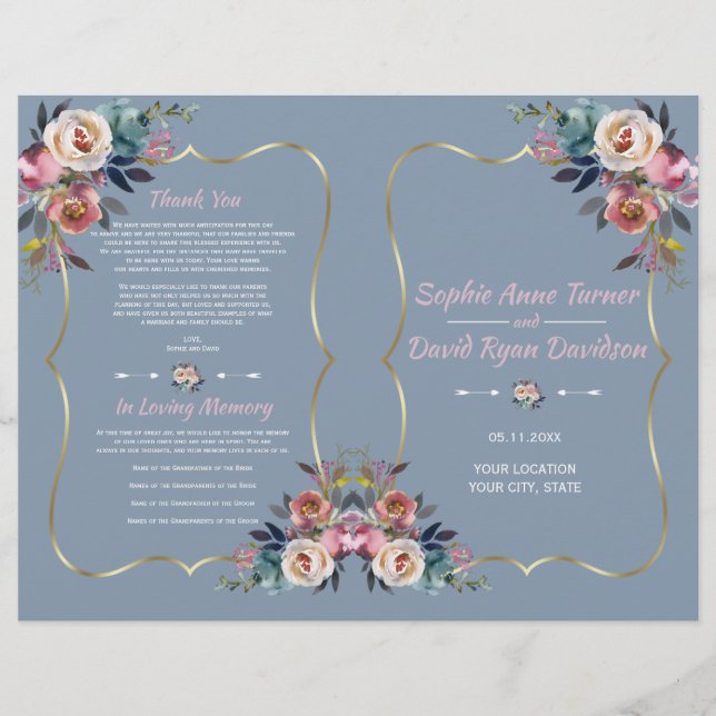 Dusty Blue Pink Flowers Gold Wedding Program (Front)