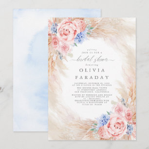 Dusty Blue Pink Flowers Pampas Grass Bridal Shower Invitation