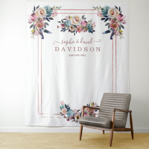 Dusty Blue Pink Flowers Rose Gold Photo Booth Tapestry