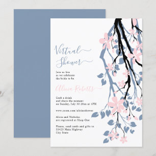 Dusty blue, pink flowers virtual bridal shower invitation