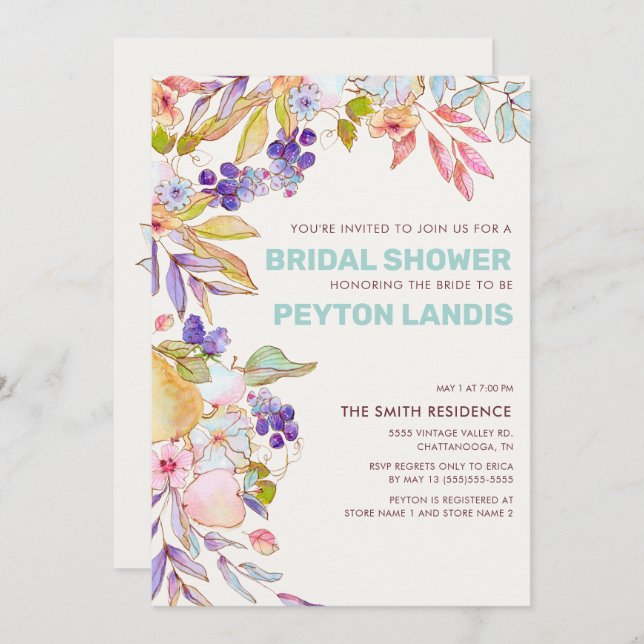 Dusty Blue Pink Fruit Floral Bridal Shower Invitation (Front/Back)