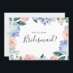 Dusty Blue Pink hydrangeas Bridesmaid Proposal Invitation<br><div class="desc">Modern will you be my bridesmaid invitation featuring light blue/ dusty blue watercolor hydrangeas with pastel pink , blush, peach , white roses, peonies, sage eucalyptus leaves, branches and foliage. Muted soft and dreamy romantic shades spring summer watercolor floral designs to match with your themed wedding. Please find more matching...</div>