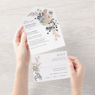 Dusty Blue Pink Modern Botanical Wedding All In One Invitation