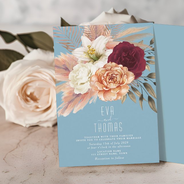 Dusty Blue Pink Peach Floral Wedding Invitation (Creator Uploaded)
