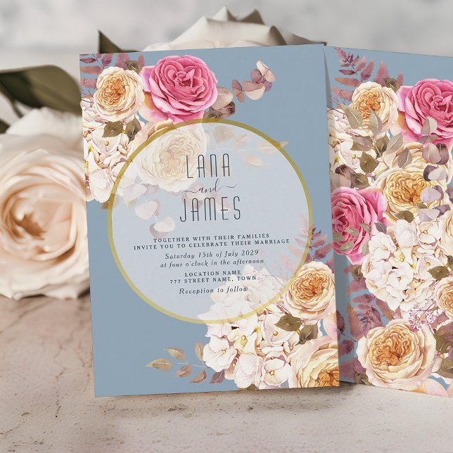 Dusty Blue Pink Peach Floral Wedding Invitation (Creator Uploaded)