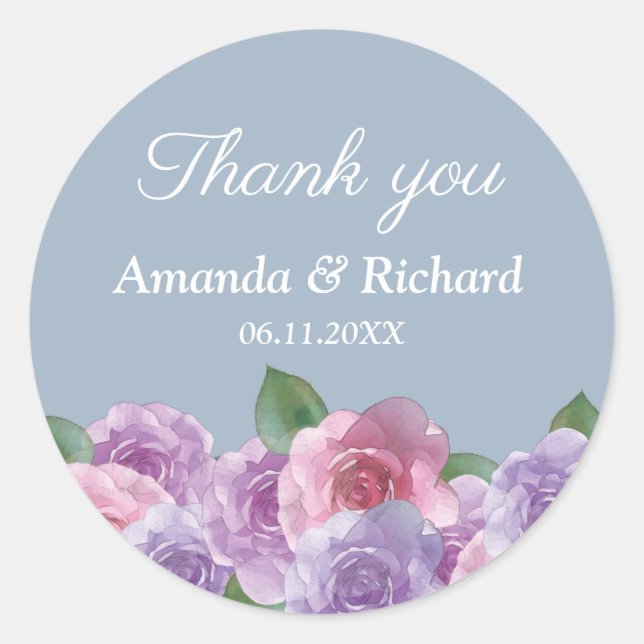 Dusty Blue Pink Purple Floral Wedding Thank You  Classic Round Sticker (Front)