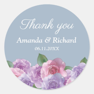 Dusty Blue Pink Purple Floral Wedding Thank You  Classic Round Sticker