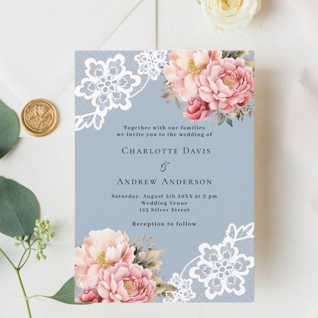 Dusty blue pink rose florals lace luxury wedding invitation (Creator Uploaded)