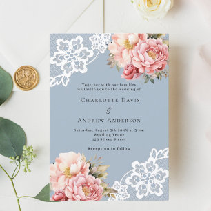Dusty blue pink rose gold florals lace wedding invitation