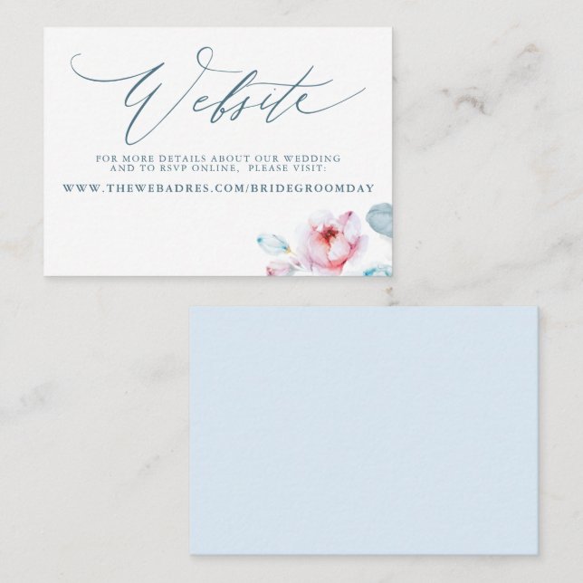 Dusty Blue Pink Rose Wedding Website Card (Front/Back)